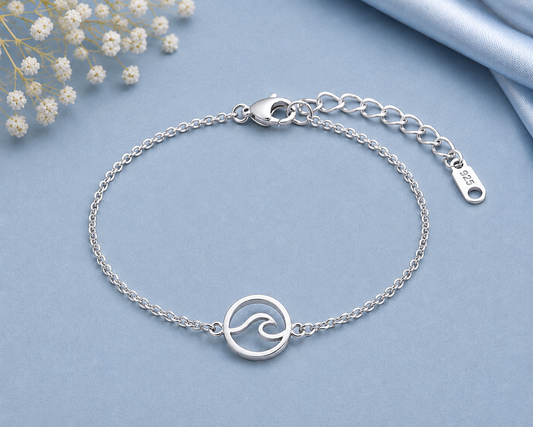 925 Sterling Silver Wave Bracelet, Minimalist Ocean Jewelry, Dainty Sea Wave Design