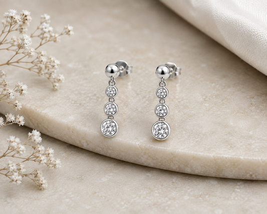 Moissanite Drop Earrings, 925 Sterling Silver Three Stone Dangles