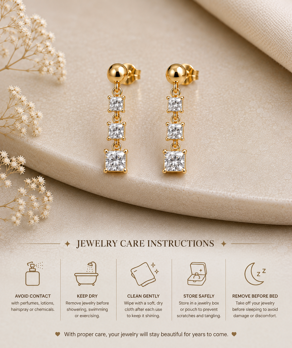 Moissanite Drop Earrings, 925 Sterling Silver Square Three Stone Dangles
