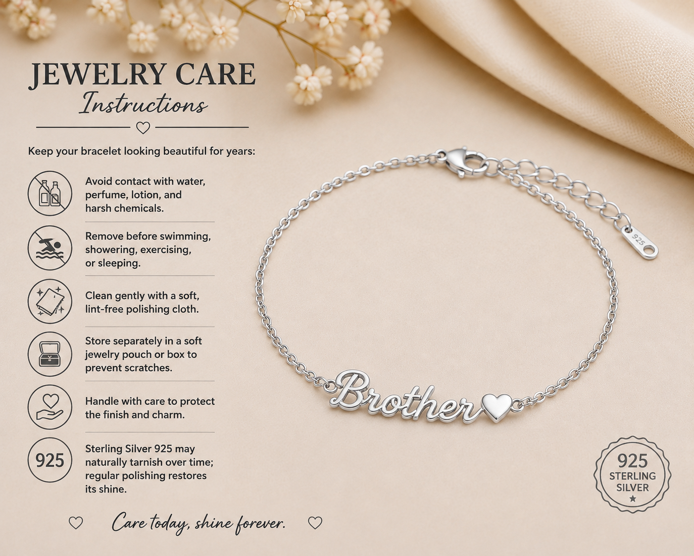 Sterling Silver Brother Name Bracelet with Heart Accent, Minimalist Handmade Jewelry