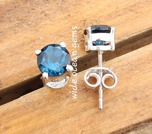 London Blue Topaz Silver Stud Earrings | Handmade December Birthstone Jewelry | Dainty Blue Gemstone Studs