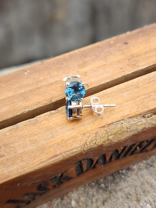 Swiss Blue Topaz Sterling Silver Stud Earrings: December Birthstone, 6MM