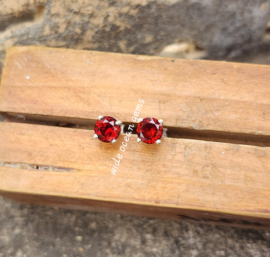 Garnet Stud Earrings Sterling Silver 925 | January Birthstone Jewelry | Red Gemstone Dainty Earrings Gift