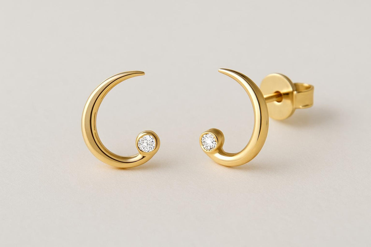 Crescent Moon Stud Earrings: Sterling Silver & Moissanite Crystal Dainty Jewelry