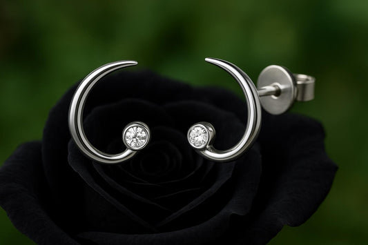 Crescent Moon Stud Earrings: Sterling Silver & Moissanite Crystal Dainty Jewelry
