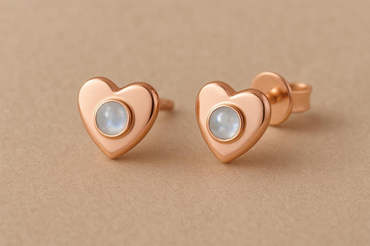 Sterling Silver Heart Moonstone Stud Earrings: Dainty Gemstone Jewelry