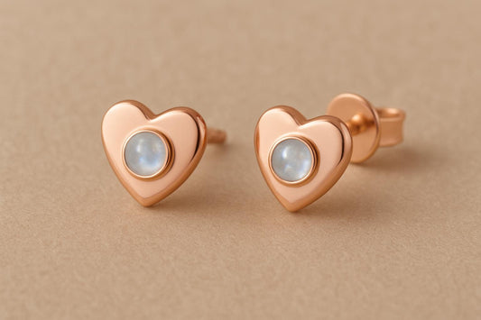 Sterling Silver Heart Moonstone Stud Earrings: Dainty Gemstone Jewelry