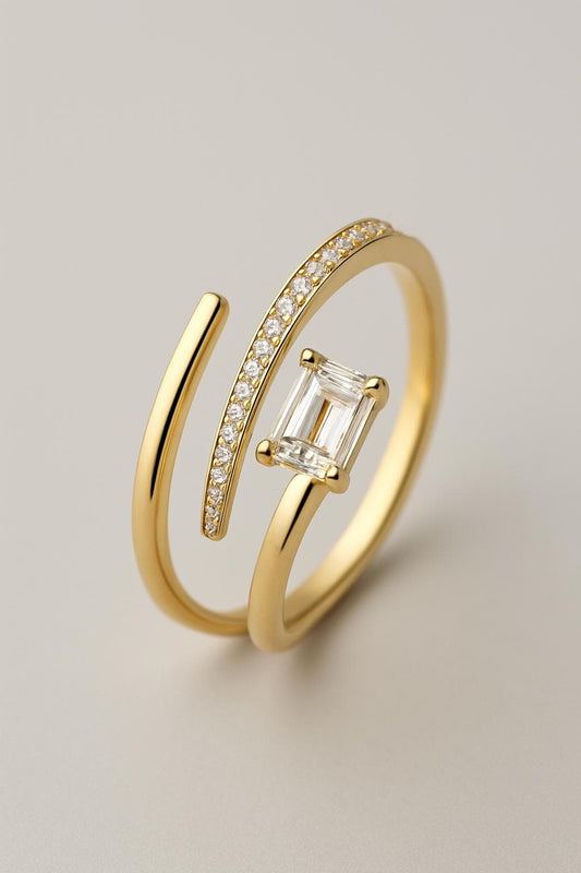 Sterling Silver CZ Emerald Cut Bypass Ring: Adjustable Statement Jewelry