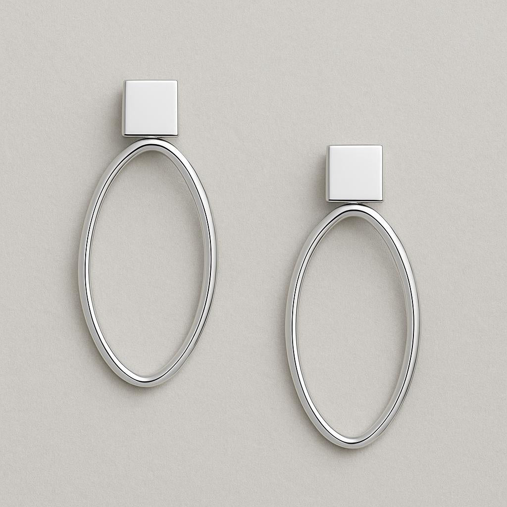 925 Silver Oval Earrings | Minimalist Geometric Drop Hoops | Modern Everyday Statement Jewelry