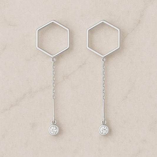 925 Silver Hexagon Earrings | CZ Dangle Drop Earrings | Minimalist Geometric Modern Jewelry Gift