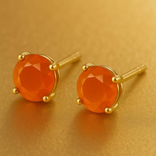 Orange Onyx Stud Earrings 925 Silver | Round Cut Gemstone Solitaire | Sterling Silver Jewelry Gift