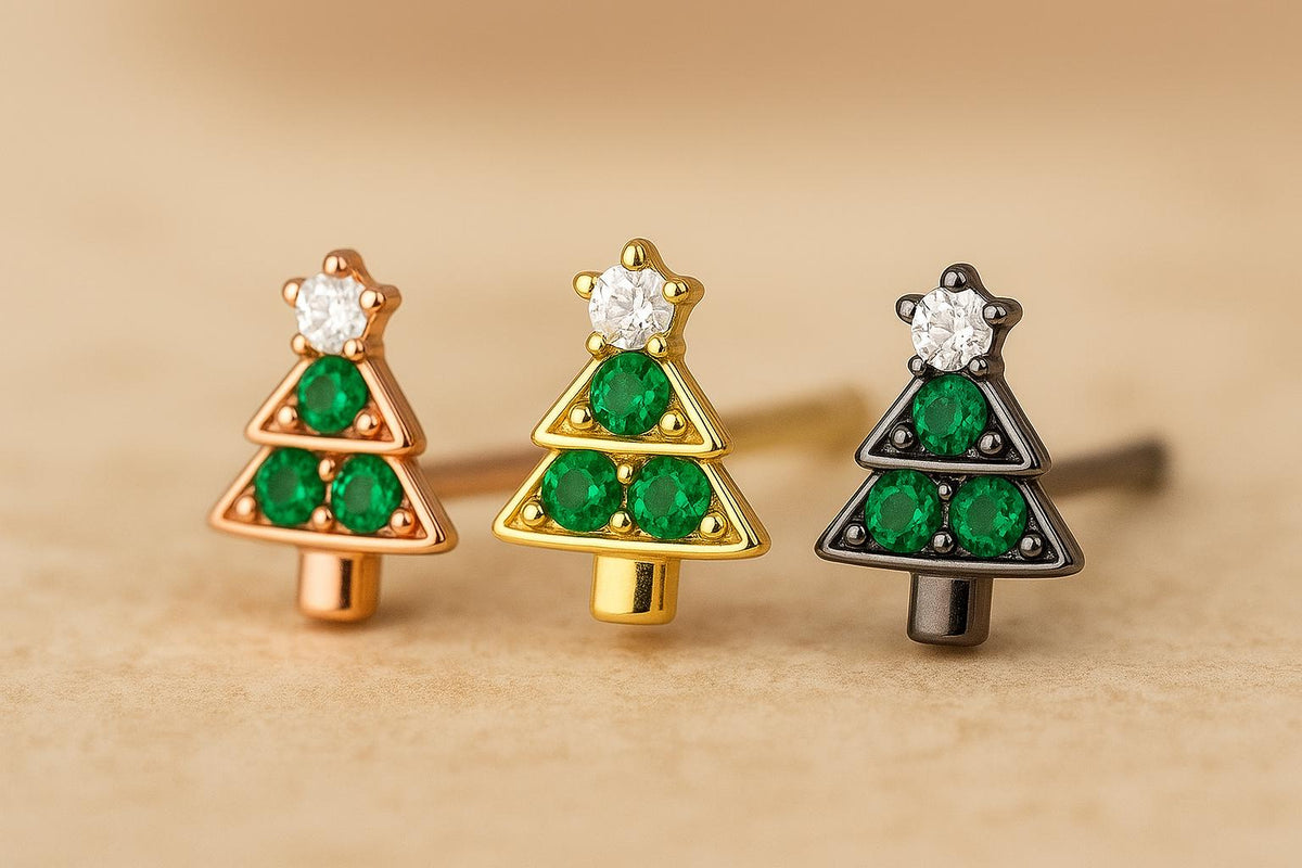 Sterling Silver 925 Christmas Tree Stud Earrings: Green & white CZ Gemstone Holiday Jewelry