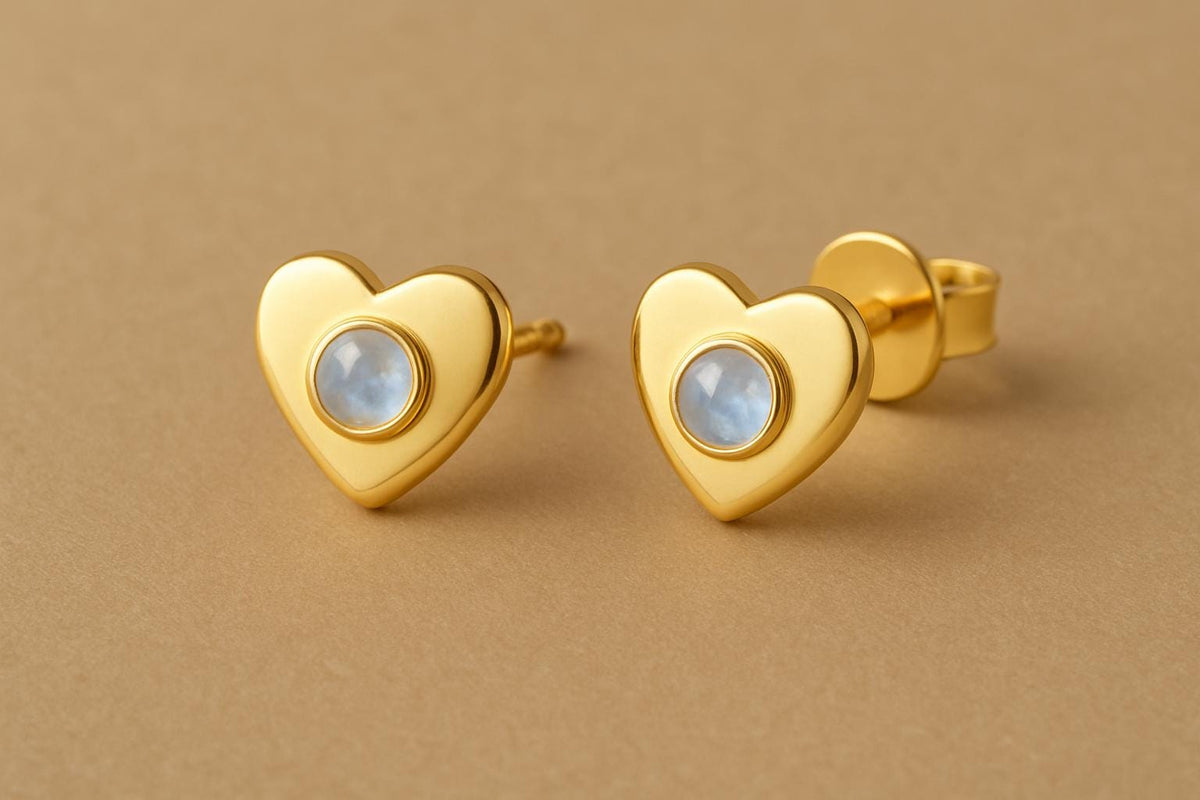 Sterling Silver Heart Moonstone Stud Earrings: Dainty Gemstone Jewelry