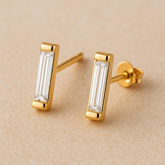 Sterling Silver Baguette CZ Bar Stud Earrings: Dainty Minimalist Jewelry