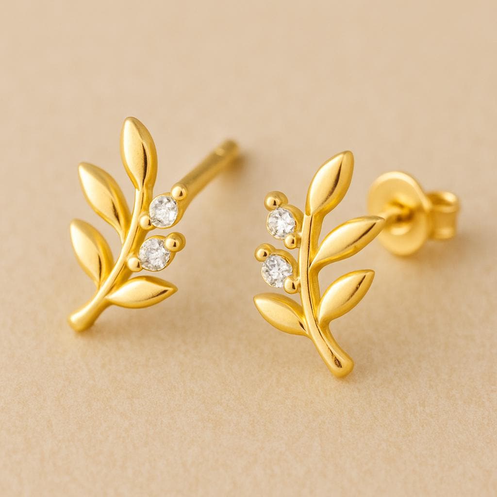 Sterling Silver Leaf CZ Stud Earrings: Dainty Botanical Jewelry