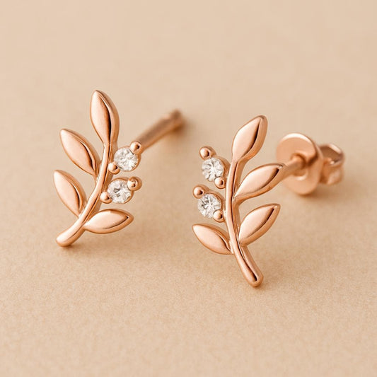 Sterling Silver Leaf CZ Stud Earrings: Dainty Botanical Jewelry