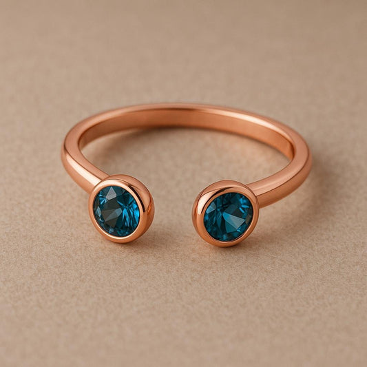 Sterling Silver London Blue Topaz Open Ring Round Cut Bezel Set Adjustable Gift Jewelry