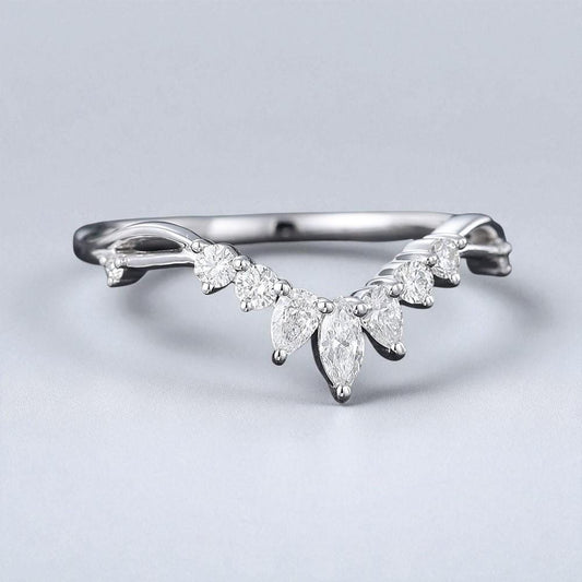 925 Silver CZ Chevron V Shaped Ring Dainty Marquise Cut Stacking Wedding Band