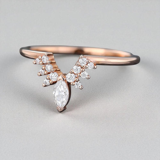 925 Silver Marquise CZ Chevron Ring Dainty V Shaped Stacking Wedding Anniversary Band