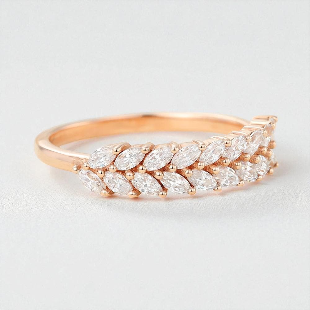 Rose Gold Sterling Silver CZ Leaf Ring - Stackable Band