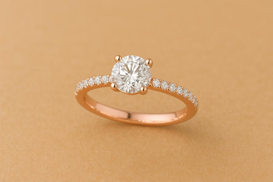 Sterling Silver Round Moissanite Engagement Ring, Pavé Bridal Band