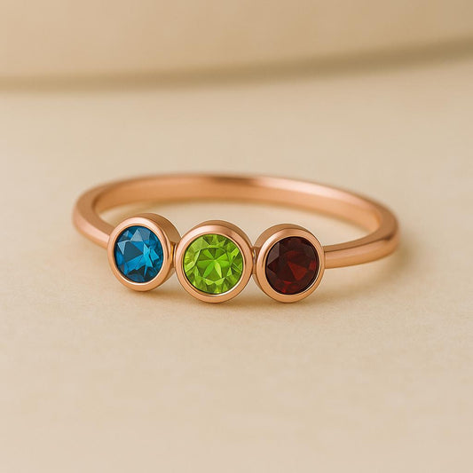 Sterling Silver Three Stone Ring: Topaz, Peridot & Garnet Band