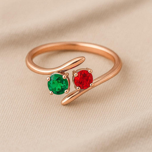Sterling Silver Bypass Ring: Red & Green CZ, Adjustable Two Stone Design