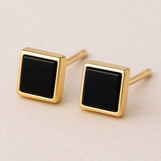 Sterling Silver Square Onyx Stud Earrings, Minimalist Bezel Set