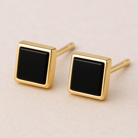 Sterling Silver Square Onyx Stud Earrings, Minimalist Bezel Set