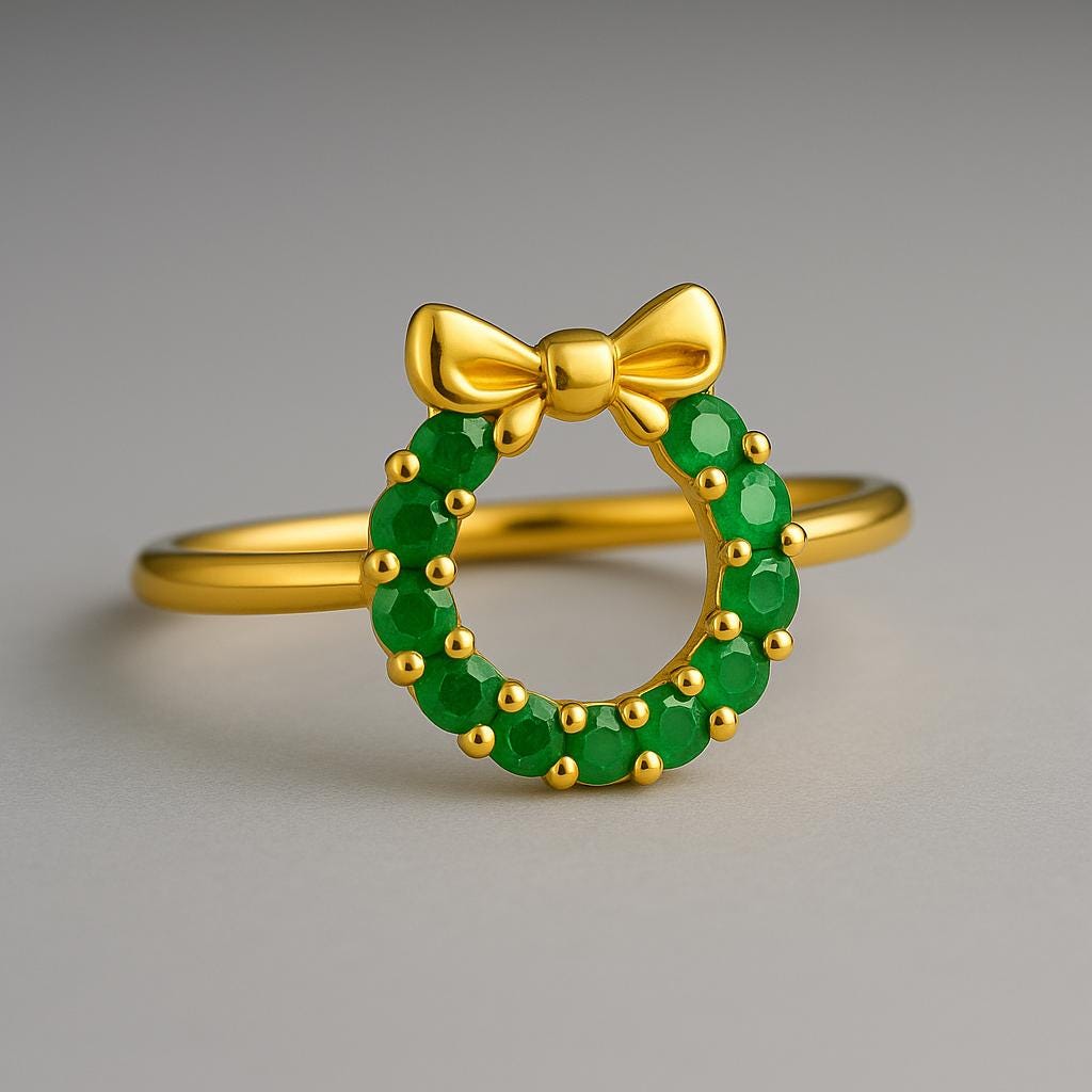 Gold Polished Sterling Silver 925 Christmas Wreath Ring: Green CZ Bow