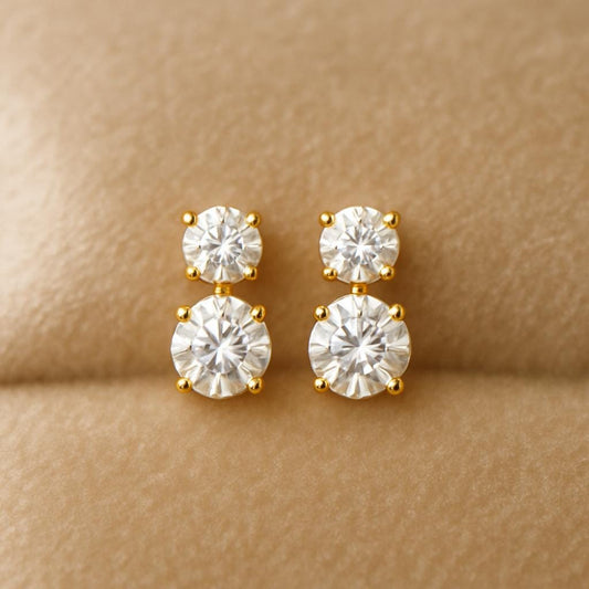 Double CZ Drop Earrings Silver 925 | Dainty Round Stud Dangle Gift