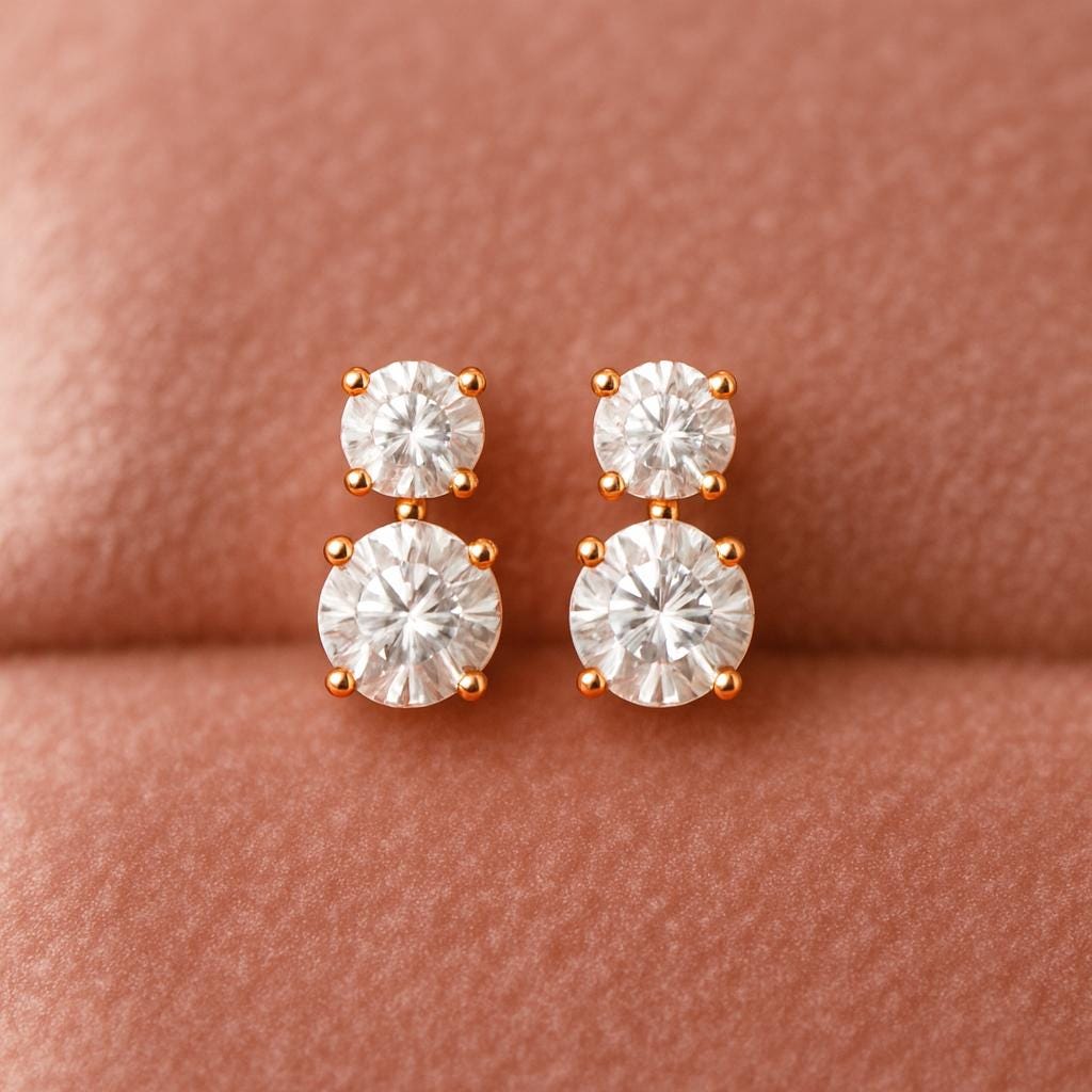 Double CZ Drop Earrings Silver 925 | Dainty Round Stud Dangle Gift