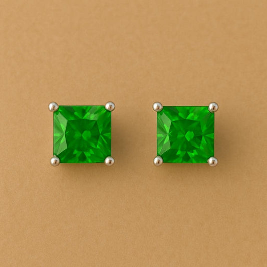 Green CZ Stud Earrings: Sterling Silver Princess Cut Square Studs
