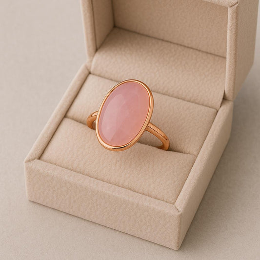 Rose Quartz Oval Ring: Rose Gold Plated 925 Sterling Silver