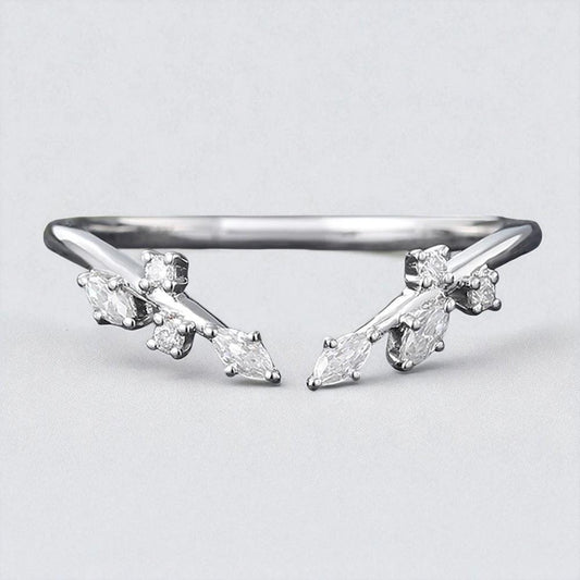 925 Silver Marquise CZ Leaf Ring – Nature Inspired Dainty Stacking Chevron Wedding Band