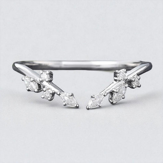 925 Silver Marquise CZ Leaf Ring Nature Inspired Dainty Stacking Chevron Wedding Band