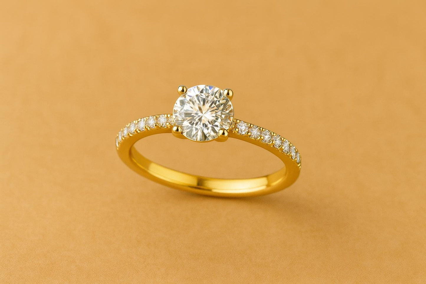 Sterling Silver Round Moissanite Engagement Ring, Pavé Bridal Band