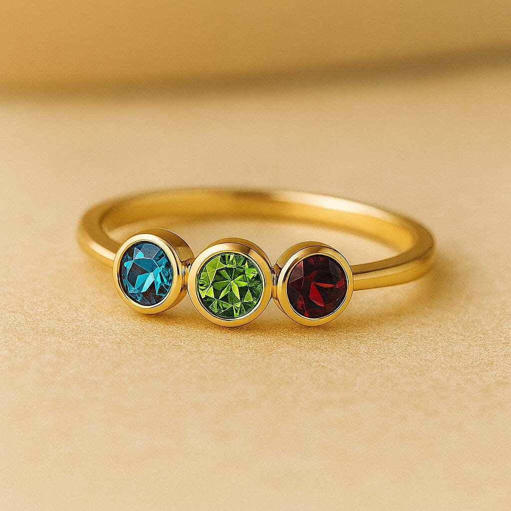Sterling Silver Three Stone Ring: Topaz, Peridot & Garnet Band