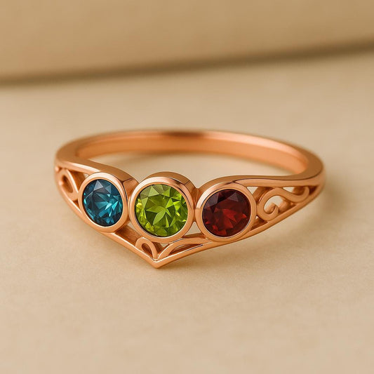 Sterling Silver Heart Ring, London Blue Topaz, Peridot, Garnet, Family Birthstone