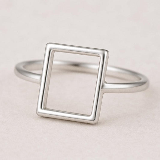 925 Sterling Silver Rectangle Outline Ring, Minimalist Geometric Band, Modern Simple Jewelry Gift