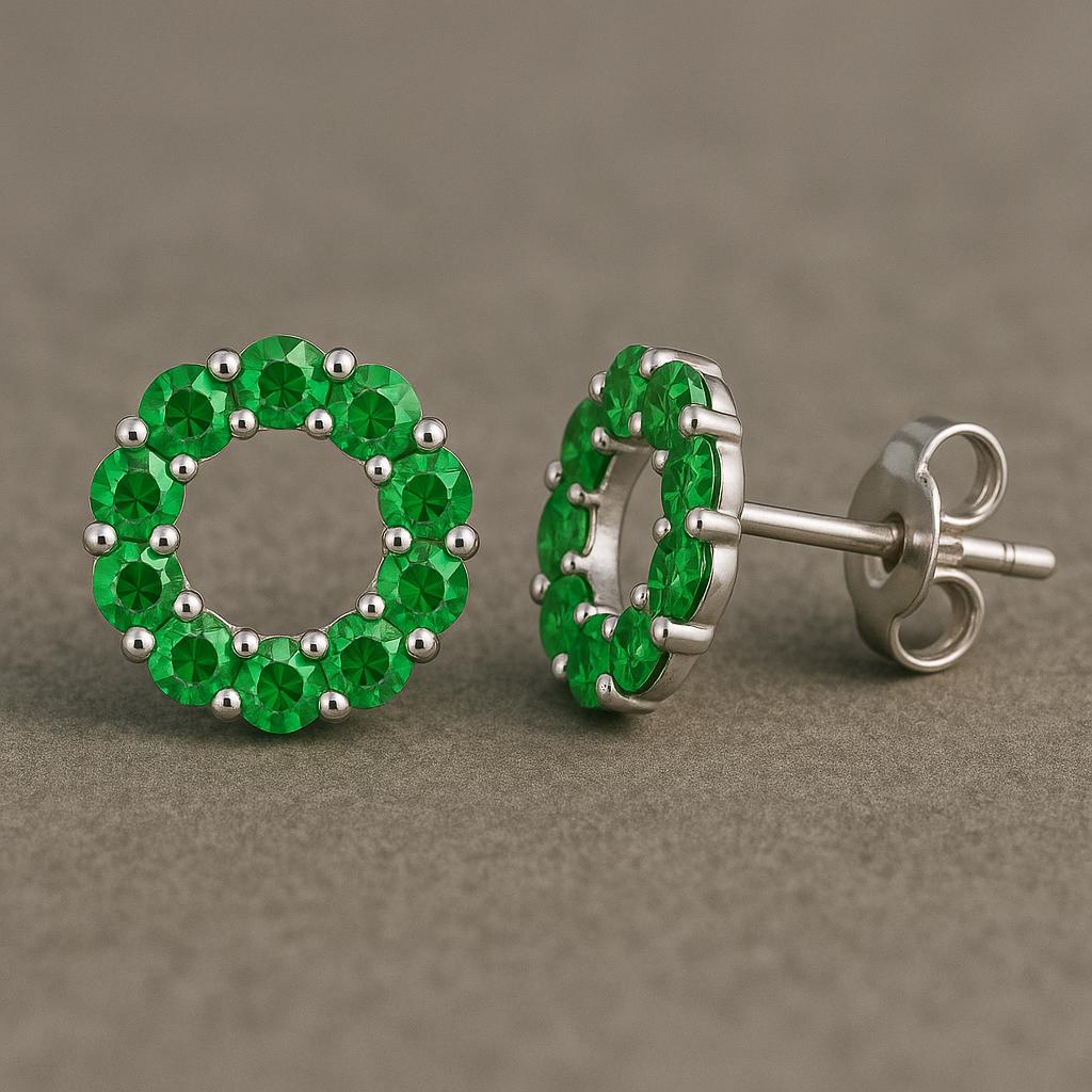 Emerald Green CZ Circle Stud Earrings: 925 Sterling Silver