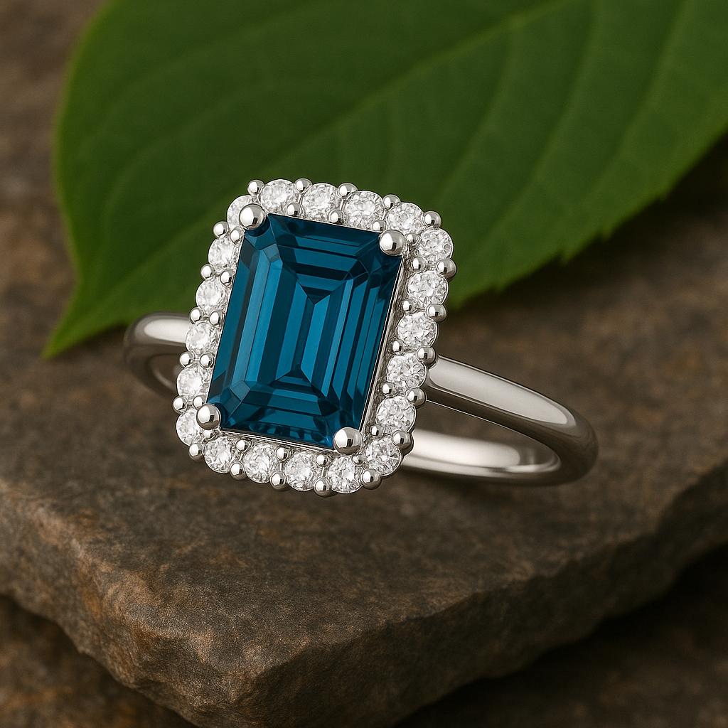London Topaz Halo Ring: Emerald Cut, 925 Sterling Silver, Vintage Style