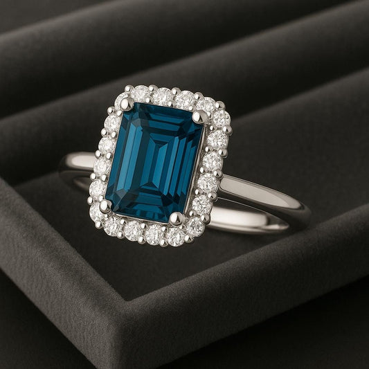 London Topaz Halo Ring: Emerald Cut, 925 Sterling Silver, Vintage Style