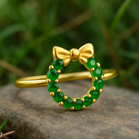 Gold Polished Sterling Silver 925 Christmas Wreath Ring: Green CZ Bow