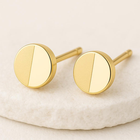 Minimalist 925 Sterling Silver Circle Stud Earrings: Half Matte, Half Polish