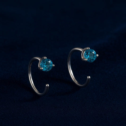 London Blue Topaz Earrings: Sterling Silver Open Hoop Studs