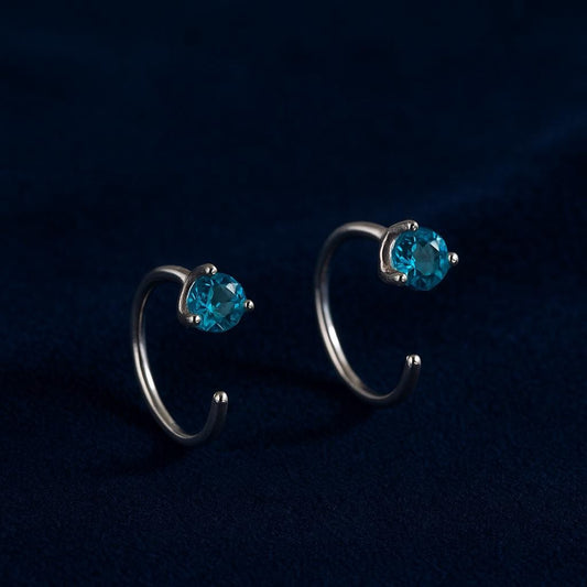 London Blue Topaz Earrings: Sterling Silver Open Hoop Studs