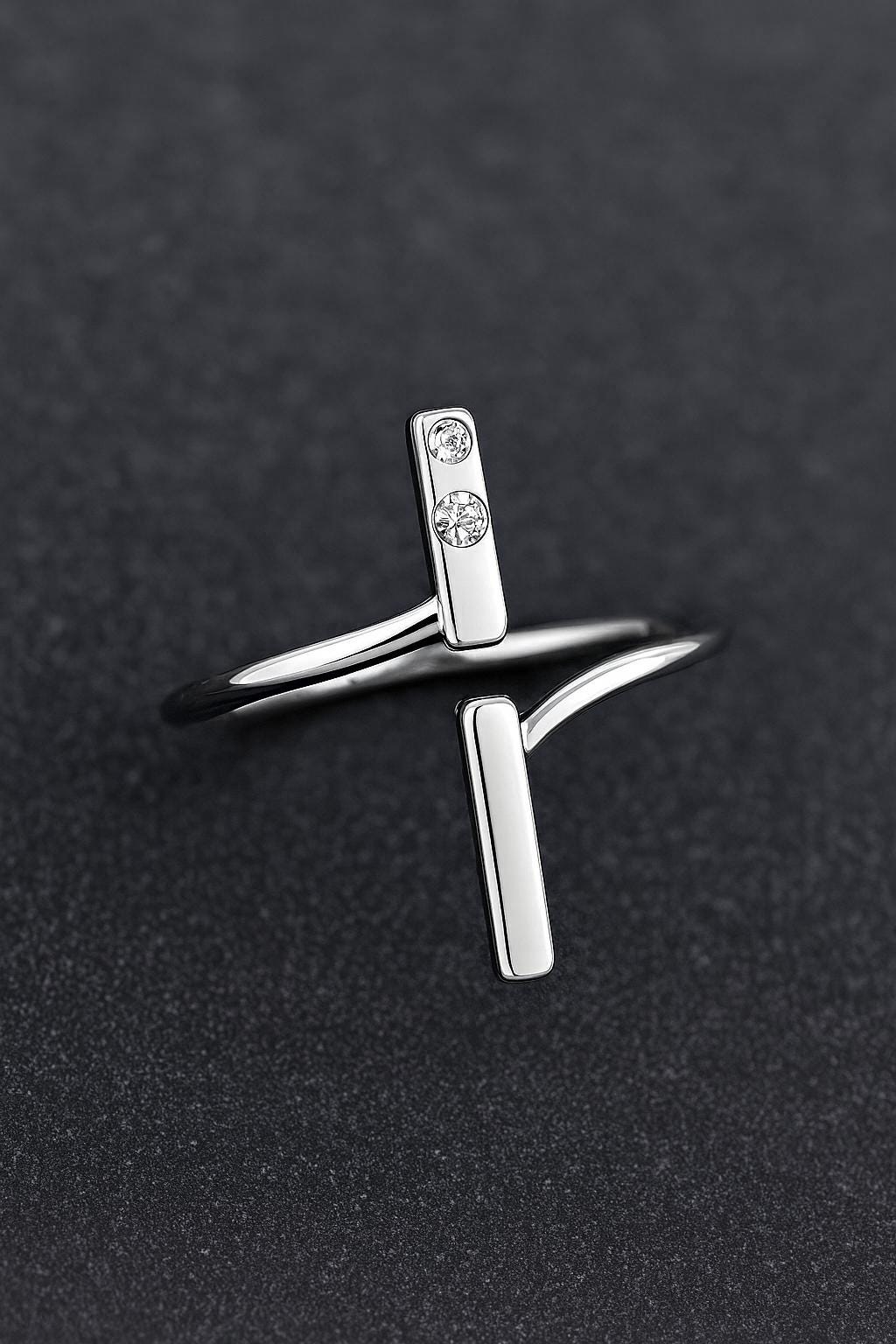 Sterling Silver Bar CZ Ring | Adjustable Geometric Band