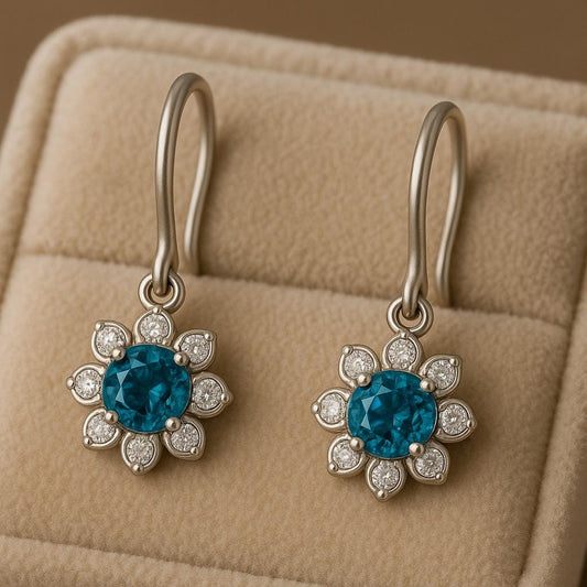 London Blue Topaz Flower Earrings: 925 Sterling Silver CZ Dangle