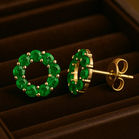 Emerald Green CZ Circle Stud Earrings: 925 Sterling Silver
